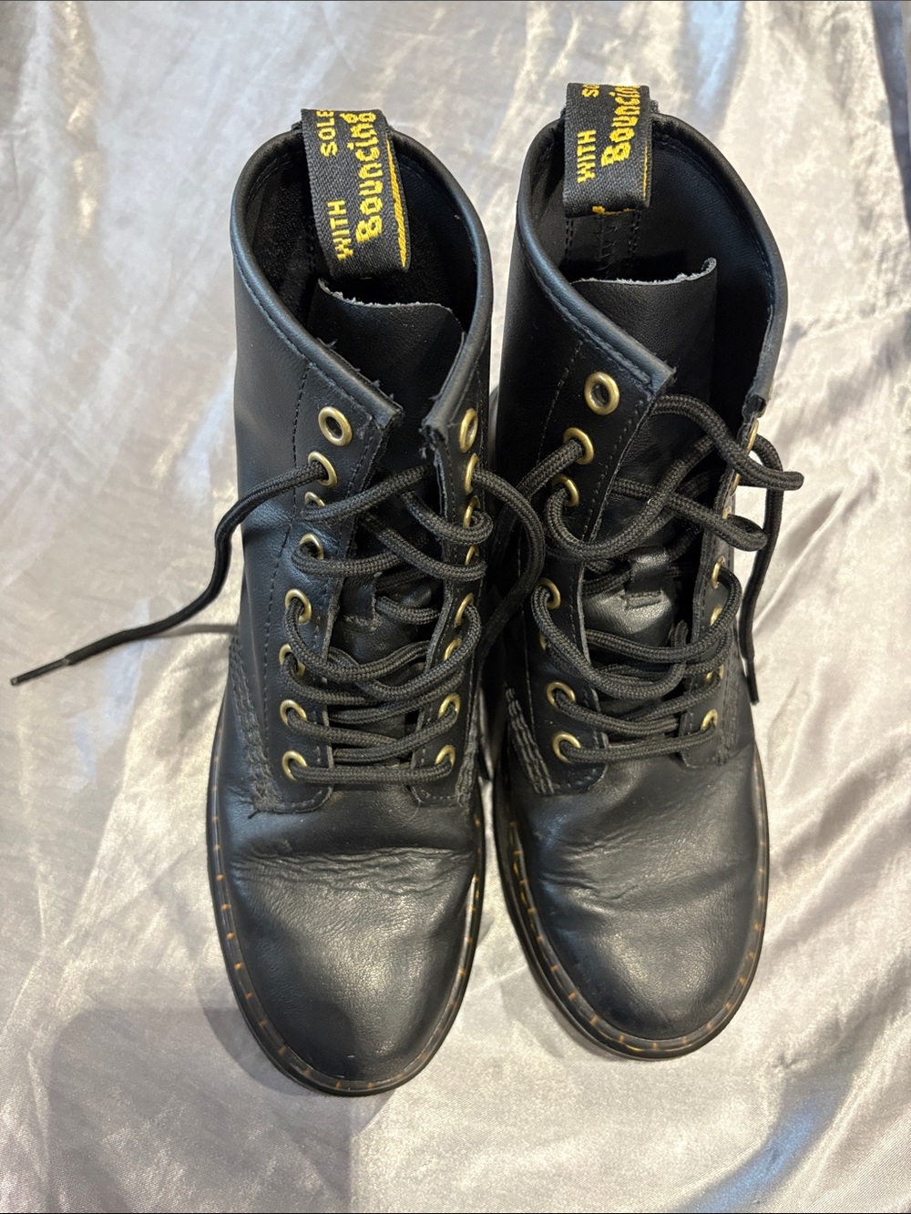 Dr. Martens Black Leather Lace-Up Ankle Boots with Gold Eyelets